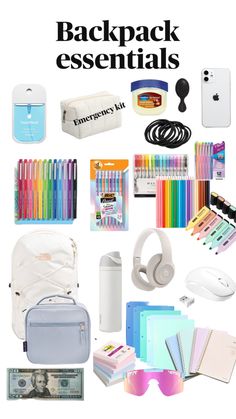 Backpack essentials for any grade ! Preppy Astethic, School Bag Organization, High School Supplies, Middle School Essentials, School Emergency Kit, School Backpack Essentials, Middle School Survival, Preppy School Supplies, Middle School Hacks