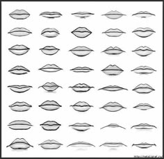 a large set of different lips drawn in pencil on white paper, each with various shapes and sizes