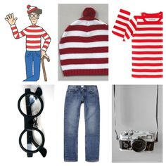 a red and white striped sweater, jeans, sunglasses, hat, camera, and other items