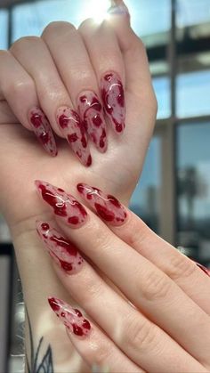 Bloody red nails - Nail ideas for summer long nails red nail red and skinny Scary Nail Ideas, Creepy Cute Nails, Red Blood Nails, Scary Nail Designs, Creepy Nail Designs, Blood Nails Design, Horror Themed Nails, Gory Nails, Megan Nails