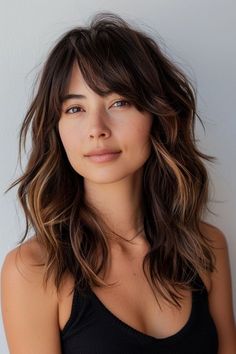 Mid Length Hair With Bangs Side Part, Medium Length Haircut Beach Waves, Medium Textured Haircut With Bangs, Shaggy Mid Length Hair Side Part, Medium Brown Shag Hair, Shag Face Framing Layers, Side Part Collar Bone Length Hair, Round Face Haircuts Curtain Bangs, Medium Length Wolf Cut No Bangs