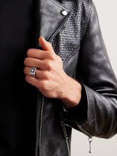 CELINE HOMME's take on the traditional signet ring has a rebellious spirit. Crafted from silver that's ridged to resemble a python, it's set with bold onyx and detailed with the signature 'Triomphe' symbol. Luxury Silver Signet Ring With Polished Finish, Luxury Black Open Signet Ring, Luxury Adjustable Men's Signet Ring, Luxury Black Spiritual Signet Ring, Luxury Silver Onyx Signet Ring, Signet Ring For Men, Onyx Signet Ring, Summer Sunglasses, Silver Signet Ring