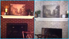 two pictures of a fireplace with paintings on the mantle