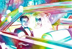 a watercolor painting of a bride and groom in a car