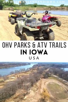 two atvs on the side of a dirt road with text overlay reading ohv parks and atv trails in iowa usa