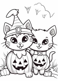 two cats in halloween costumes sitting next to each other with pumpkins on the ground