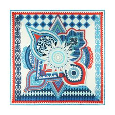 a blue, red and white bandanna with an intricate design