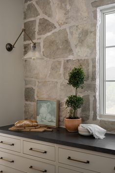 a kitchen counter with some bread and a potted plant on top of it next to a window