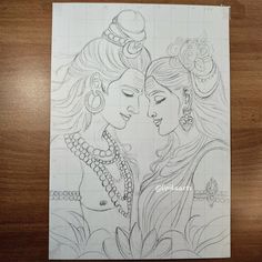 a drawing of two women facing each other with their eyes closed on a wooden surface