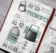 an open notebook with drawings on it and some type of object in the middle one