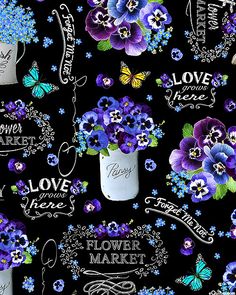 a black background with blue and purple flowers in white vases, butterflies, and love words