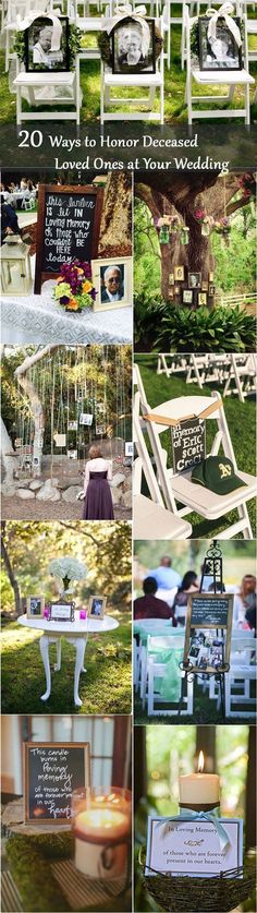 a collage of photos with chairs and tables in the grass, including an outdoor seating area