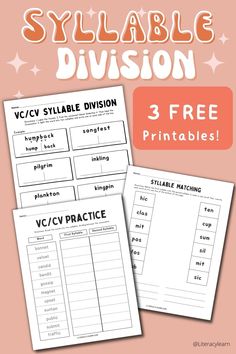 three free printable sylabe division worksheets with the words sylabe division