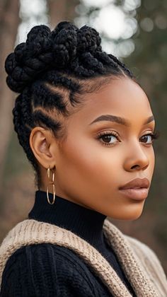 winter hairstyles for black women Box Braids For Wedding, Boho Braids Updo, Braids Hairstyles Updo Black Women, Hairstyles Updo Black Women, Braids For Wedding, Updos For Formal, Updo Black Women, Knot Braids, Braids Hairstyles Updo