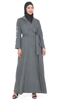 Women's Grey Button Down Embroidered Corduroy Abaya - EastEssence.com Fitted Long Sleeve Abaya With Floral Embroidery, Fitted Embroidered Maxi-length Abaya, Embroidered Corduroy, Long-sleeved Cotton Parka With Pockets, Type Machine, Designer Dress, Look Your Best, Full Sleeves, Hand Work