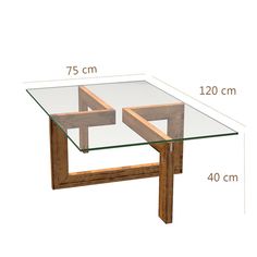 a glass table with wooden legs and measurements