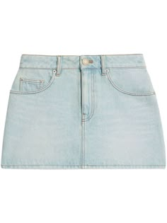 light blue cotton/denim belt loops front button and zip fastening classic five pockets thigh-length Farfetch Skirt, Light Blue Denim Skirt, Light Blue Skirt, Light Blue Skirts, Mini Skirt Blue, Mini Jean Skirt, Chic Romper, Vintage Denim Skirt, Skirt Jeans