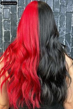 Bright Red and Jet Black Split Dye: Bold Contrast Red And Black Hair Ideas, Hair Colora, Split Dye Hair Ideas, Dye Hair Ideas, Split Dye Hair, Black Red Hair, Dyed Red Hair