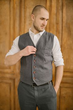 "Linen Men's Waistcoat, Rustic Wedding Outfit For Groom, Boho Suit Vest Every item is handmade to order and to your personal body measurements (made to measure). DESCRIPTION: -Linen vest -All button down -Fitted -Three pockets -The front of the vest- double layer -Handcrafted WE WORK ETHICALLY. Every linen garment is handmade to order using the body measurements of the individual customer. No factory use. Every creative and sewing task is fairly rewarded. SIZING: WE ARE HAPPY TO OFFER A TAILOR M Plus Size Groom Attire Men, Linen Vest Mens, Groom Vest, Flax Clothing, Wedding Vest, Wedding Waistcoats, Linen Wedding Dress, Wedding Outfits For Groom, Boho Vest