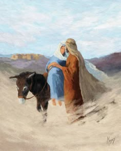 a painting of two women walking with a donkey in the desert, one woman is wearing a blue dress and the other has a white shawl