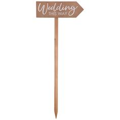 a wooden sign that says wedding this way with an arrow pointing to the right on a white background