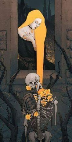 a painting of a skeleton sitting next to a woman with flowers in her lap,