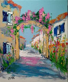 an oil painting of a street with pink flowers on the arch and blue shutters