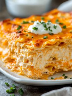 a white plate topped with lasagna covered in cheese