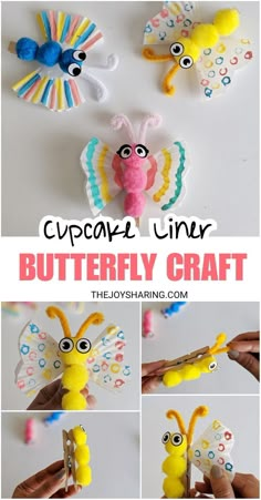 the butterfly craft is made with cupcake liners and paper machils to make it look like a caterpillar