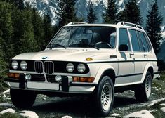 an old white bmw is parked on the side of a snowy road with mountains in the background