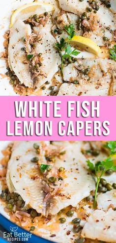 white fish with lemon capers in a blue bowl on a pink and white background