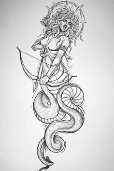 a pencil drawing of a woman with an arrow and snake on her back, holding a bow