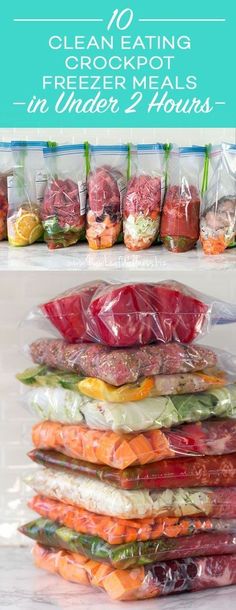 freezer meals are packed in plastic bags and placed on top of each other