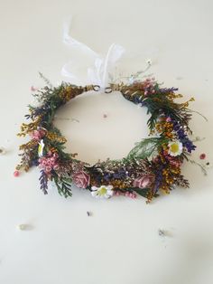 Meadowy boho flower wreath  It's made of artificial flowers, preserved and dried material and other material used for arranging. Fragile natural material. It can fall gently. It's not a fault of the product..  When stored in dry and dark place, our products last 10-15 years. We can also make you other matching accessories. Please message me for more information. :) ---------------------------------------------------------------- SHIPPING INFO FOR EU ORDERS: Standard shipping: Your package will a Boho Wedding Summer, Wedding Cottagecore, Crown Fairy, Bridal Hair Flower, Fairy Design, Woodland Flowers, Head Wreath, Hair Wreaths, Bridal Hair Flowers