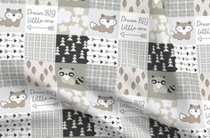 an image of a pattern with animals and words on it's fabric material that is very cute