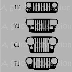 three jeep grilles with the letters j, y and c on them in black