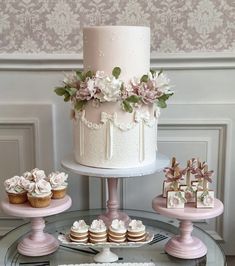 a table topped with two tiered cakes and cupcakes next to each other