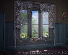 an animated image of a window with lace curtains and potted plants on the windowsill