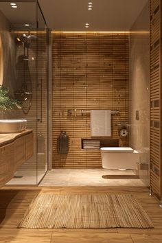 a modern bathroom with wooden walls and flooring