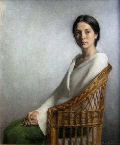 a painting of a woman sitting in a wicker chair with an arabic quote on it