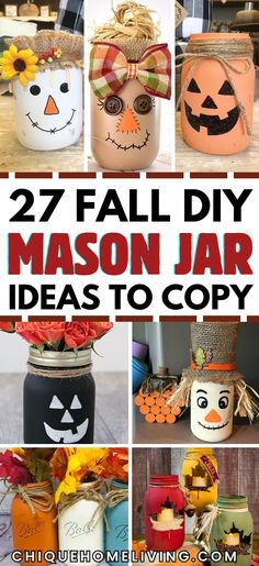 mason jar crafts with pumpkins and jack - o'- lantern faces on them