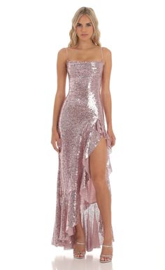 Venus Sequin Ruffle Dress in Rose Gold | LUCY IN THE SKY Prom Dress Inspo, Senior Prom Dresses, Stunning Prom Dresses, Gold Outfit, Lucy In The Sky, Unique Prom Dresses, Prom Dress Inspiration, Cute Prom Dresses, Pretty Prom Dresses