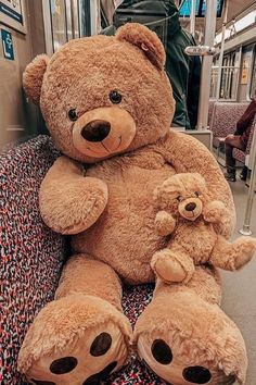 two large teddy bears sitting on top of a couch