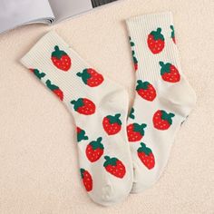 White Crew Socks With Strawberry Print. Trendy Red Cotton Socks, Cute Red Cotton Socks, Red Cotton Socks For Spring, Retro White Socks For Winter, Trendy White Socks For Winter, Trendy White Winter Socks, Playful Red Cotton Socks, Trendy Red Socks For Summer, Comfortable Red Socks For Summer