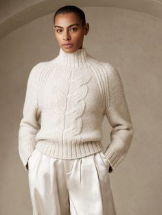 Arran Cable Sweater | Banana Republic Mock Neck Cable Knit Sweater, White Funnel Neck Sweater, Cable Knit Sweater Winter, Luxury Wool Dress Pants With Straight Hem, Cream Cable Knit Sweater Pattern, Luxury Cable Knit Sweater Coat For Fall, Luxury Casual Cable Knit Sweater Coat, Luxury Neutral Pants With Straight Hem, Affordable Stretch Cable Knit Sweater