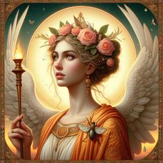 an angel holding a torch with roses on it's head and wearing a halo