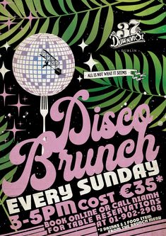 the disco brunch flyer is shown in pink, green and black colors with palm leaves