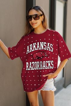 Game day just got better with our Arkansas Razorbacks oversized all-over rhinestone short sleeve gameday tee with ribbed neckline. Cheer on your team with comfort and style. In The Zone, Nebraska Cornhuskers, Arkansas Razorbacks, The Zone, Ohio State Buckeyes, Georgia Bulldogs, Alabama Crimson, Alabama Crimson Tide, Crimson Tide