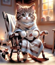 a cat is sitting in a rocking chair with a coffee cup and blanket on it