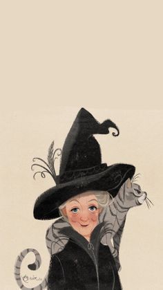 an old woman wearing a witches hat with a cat on her lap and the words happy halloween written below